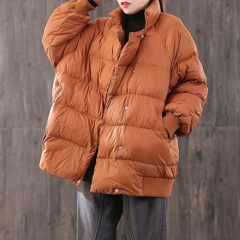 New orange thick warm winter coat oversize dark buckle down jacket stand collar women winter outwear - Omychic