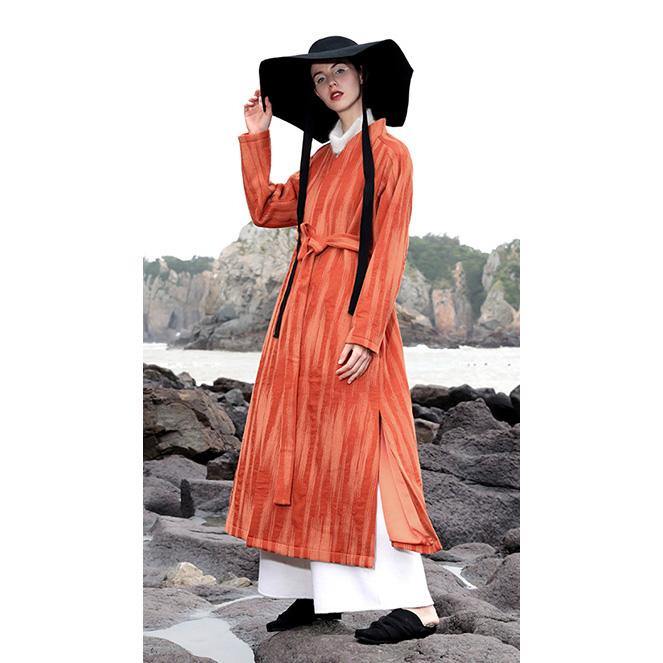 New orange wool coat woman plus size Winter V neck wrinkled woolen outweare mbroidery tie waist coat - Omychic