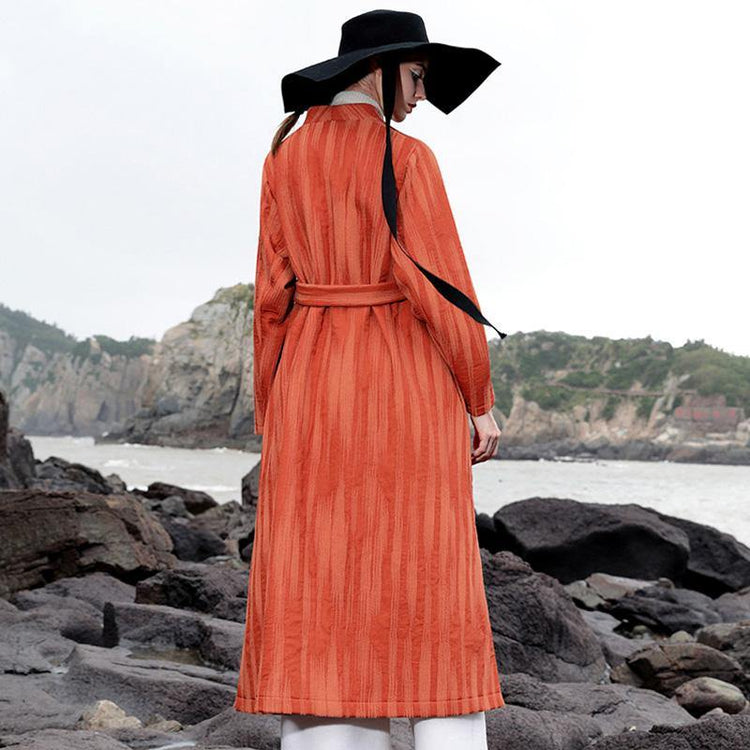 New orange wool coat woman plus size Winter V neck wrinkled woolen outweare mbroidery tie waist coat - Omychic