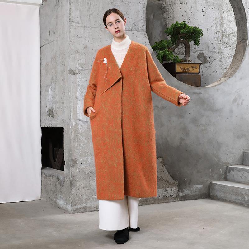 New orange woolen outwear plus size clothing maxi coat V neck pockets coats - Omychic