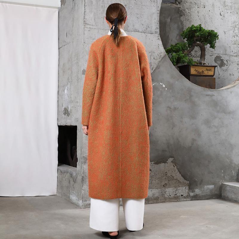 New orange woolen outwear plus size clothing maxi coat V neck pockets coats - Omychic