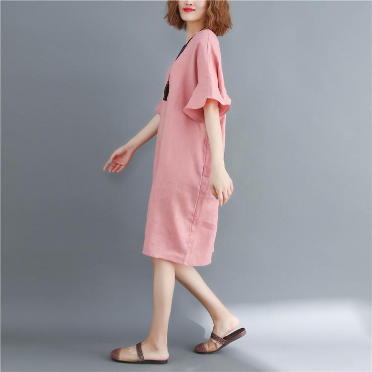 New pink natural cotton linen dress oversized O neck baggy dresses vintage Butterfly Sleeve dresses - Omychic