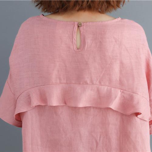 New pink natural cotton linen dress oversized O neck baggy dresses vintage Butterfly Sleeve dresses - Omychic