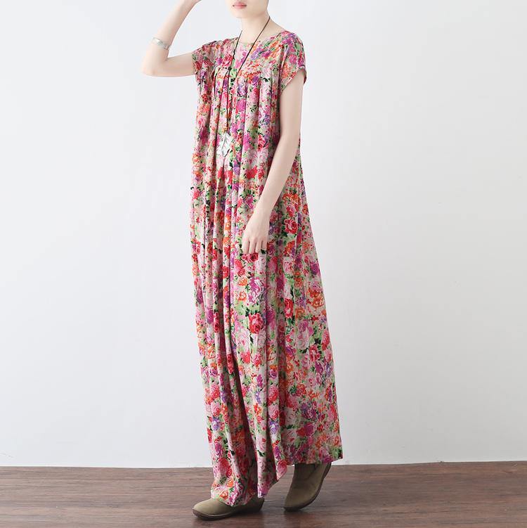 New pink prints linen caftans casual big hem linen maxi dress vintage short sleeve maxi dresses - Omychic