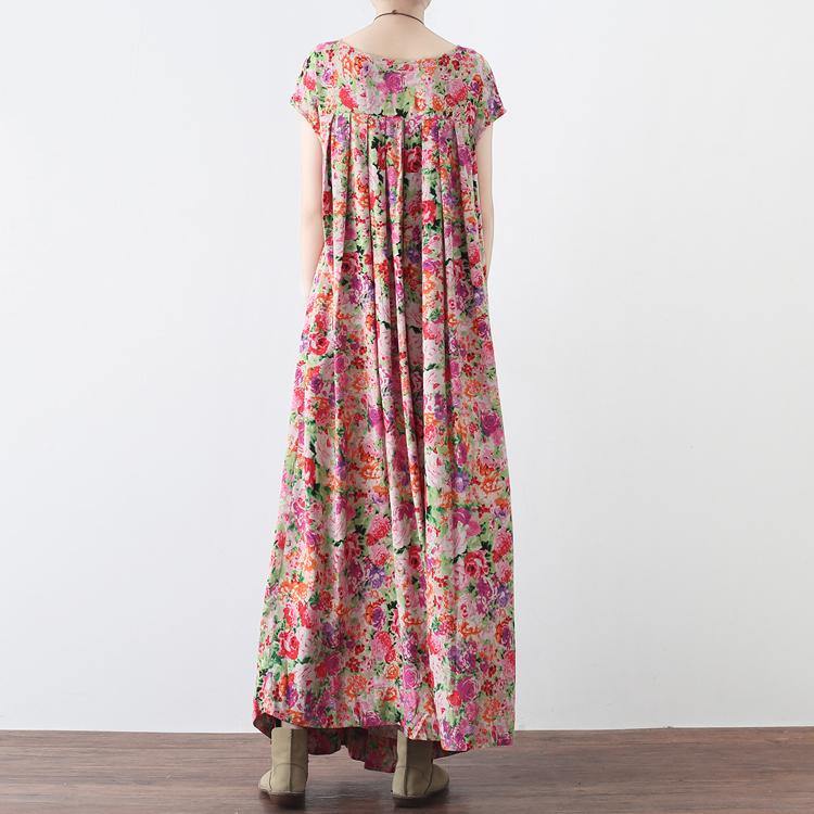 New pink prints linen caftans casual big hem linen maxi dress vintage short sleeve maxi dresses - Omychic