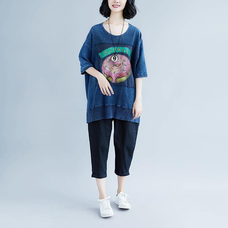 New pure cotton blouse oversize Summer Short Sleeve Navy Blue Slit Casual Tops - Omychic