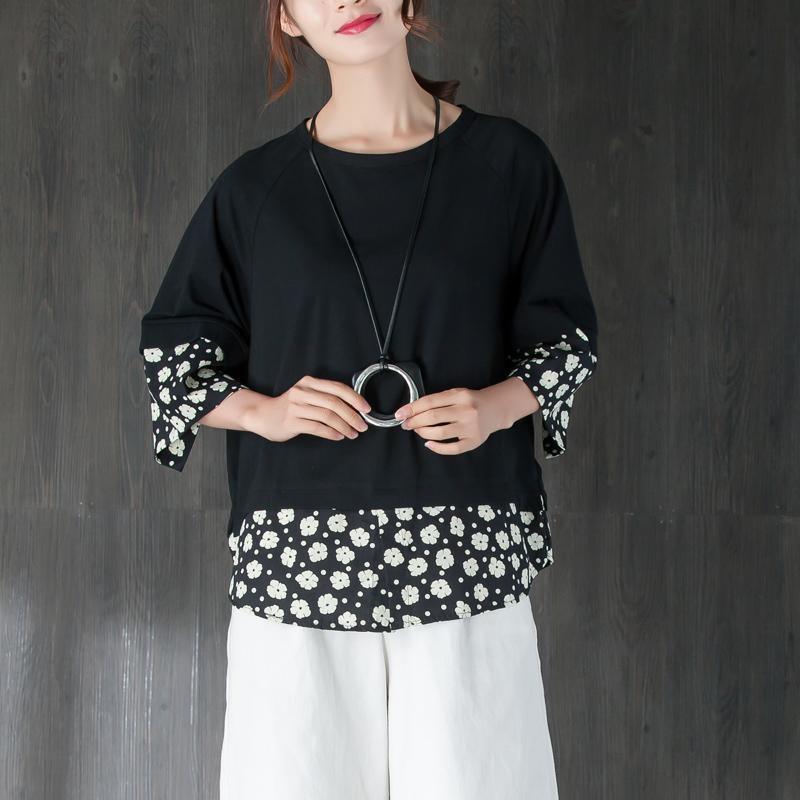 New pure cotton blouse plus size clothing Women Casual Summer Fake Two-piece Flower Black Tops - Omychic