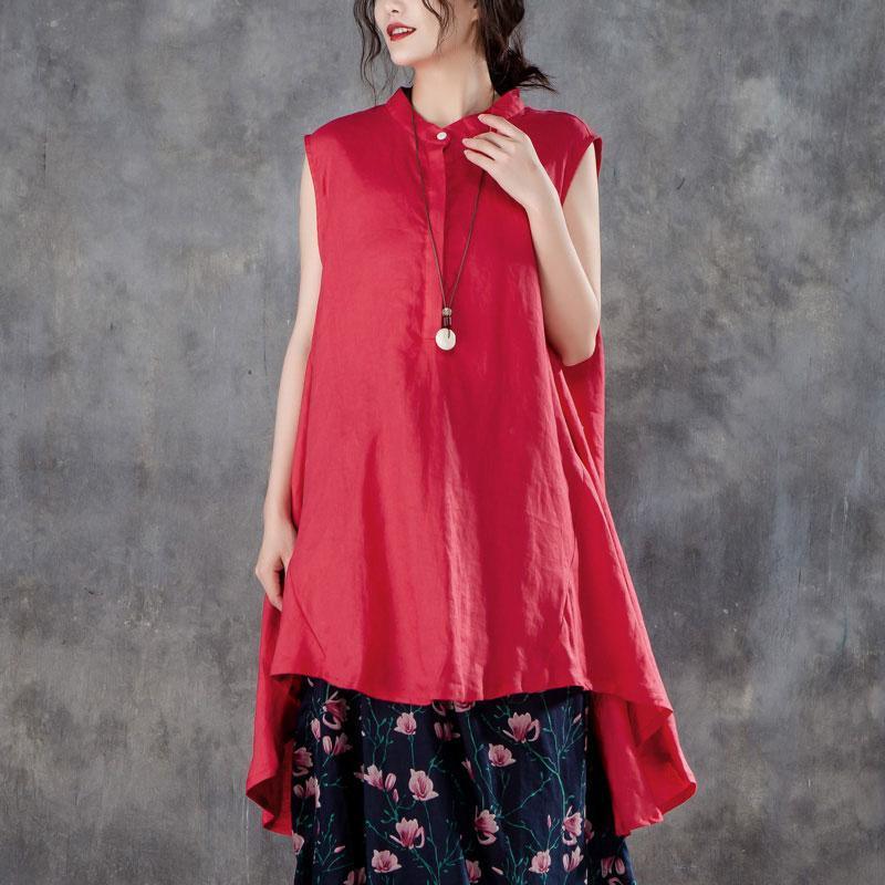 New pure linen tops trendy plus size Women Plus Size Stand Collar Sleeveless Red Tops - Omychic