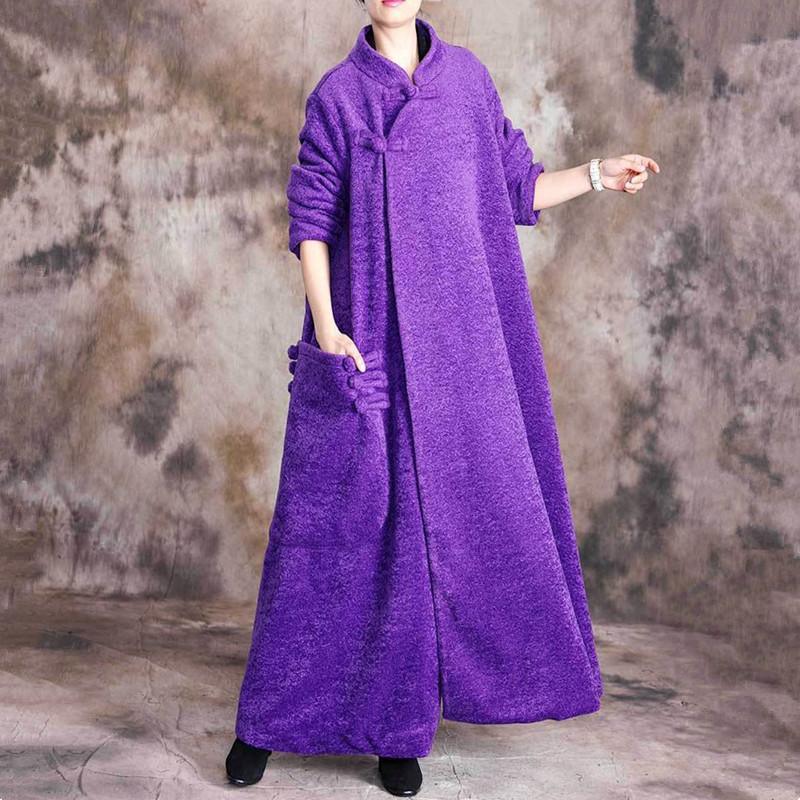 New purple wool coat casual Winter coat thick woolen outwear Chinese Button - Omychic