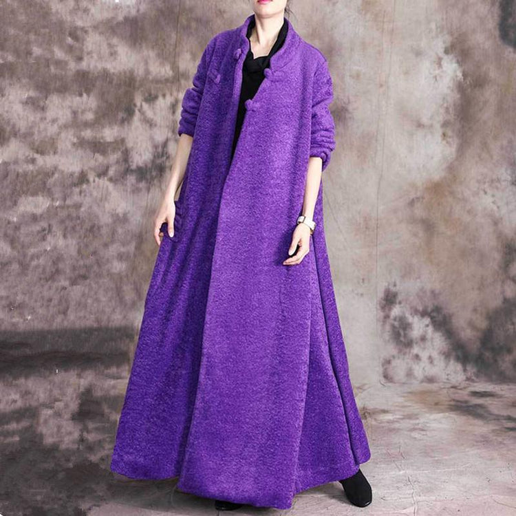 New purple wool coat casual Winter coat thick woolen outwear Chinese Button - Omychic