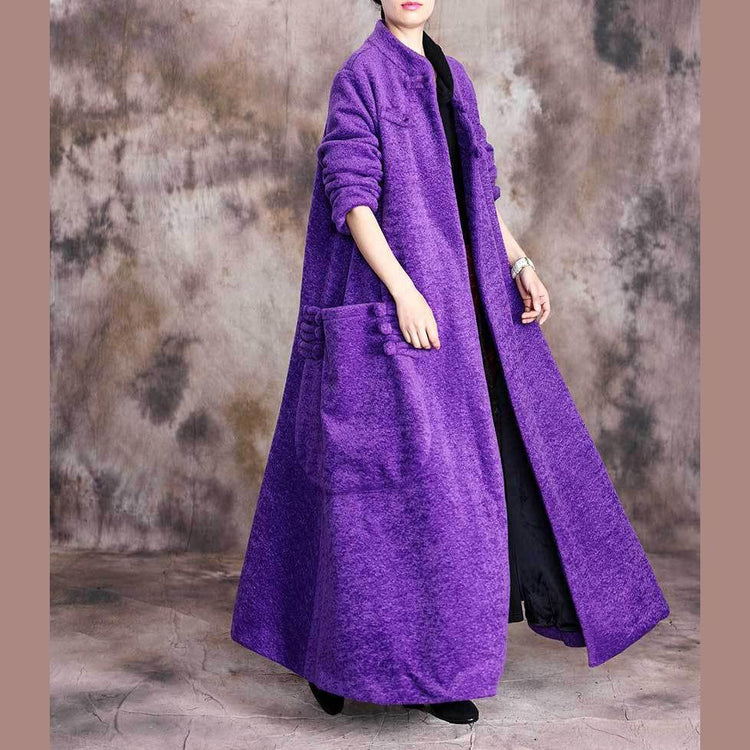 New purple wool coat casual Winter coat thick woolen outwear Chinese Button - Omychic