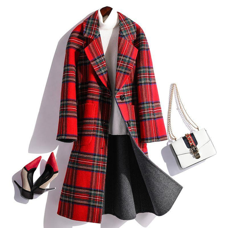 New red Woolen Coats Women trendy plus size medium length jackets fall women coats plaid - Omychic