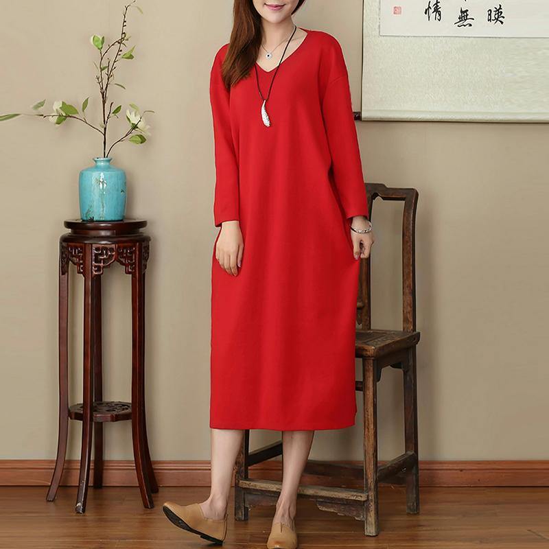 New red autumn dress plus size clothing V neck baggy gown Elegant long sleeve dresses - Omychic