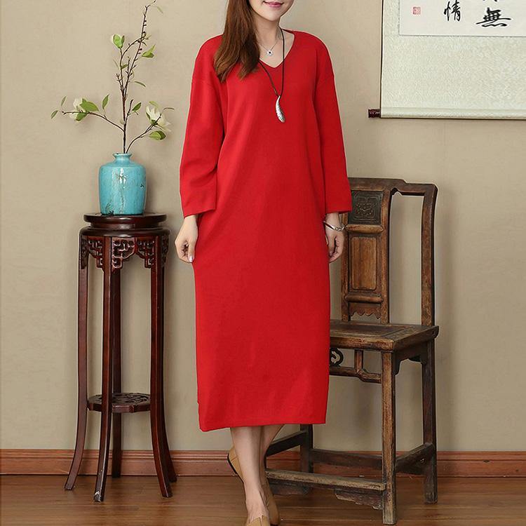 New red autumn dress plus size clothing V neck baggy gown Elegant long sleeve dresses - Omychic