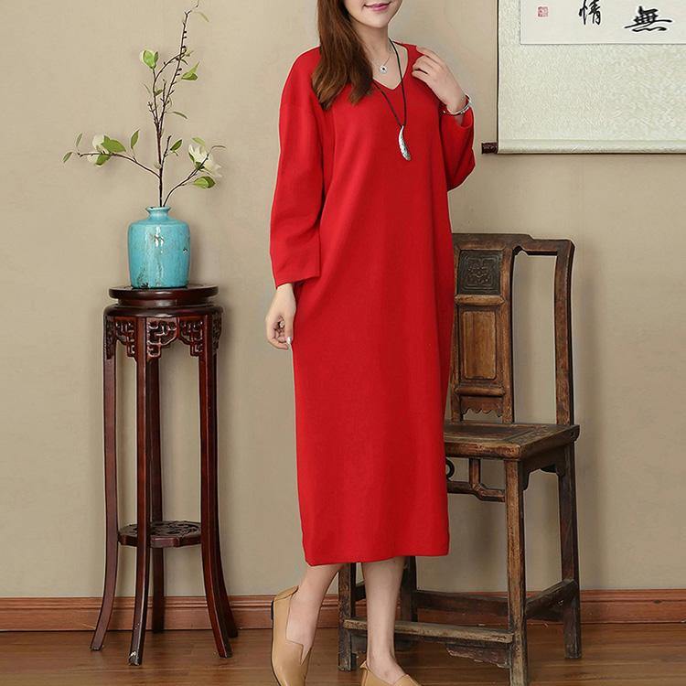 New red autumn dress plus size clothing V neck baggy gown Elegant long sleeve dresses - Omychic