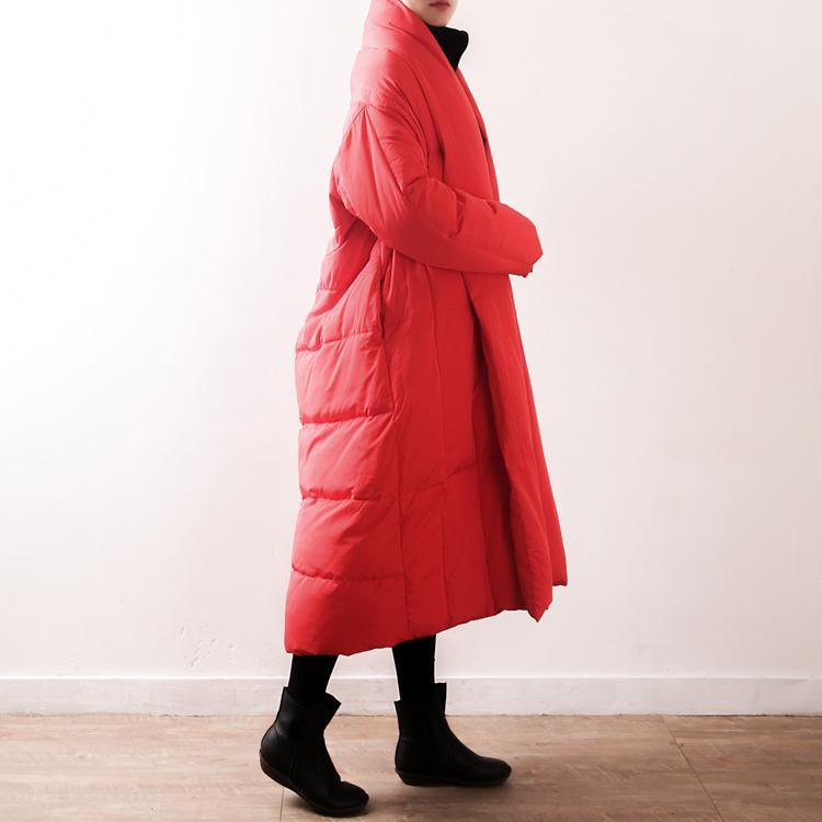 New red down coat oversized V neck thick quilted coat top quality tie waist pockets coats - Omychic