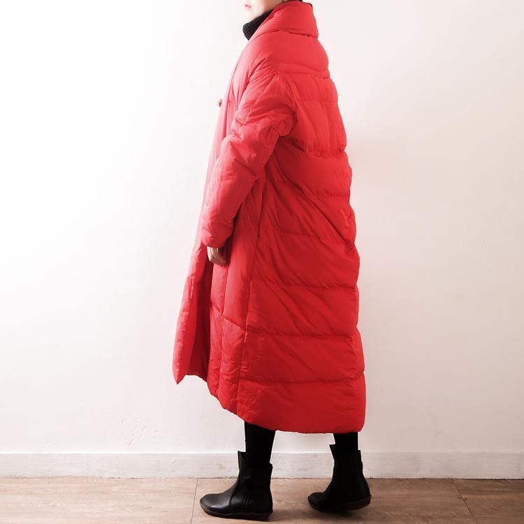 New red down coat oversized V neck thick quilted coat top quality tie waist pockets coats - Omychic