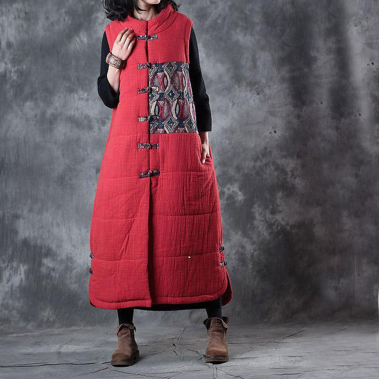 New red down overcoat oversize Chinese Button Parka thick pockets Sleeveless cotton outwear - Omychic