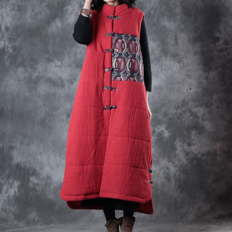 New red down overcoat oversize Chinese Button Parka thick pockets Sleeveless cotton outwear - Omychic