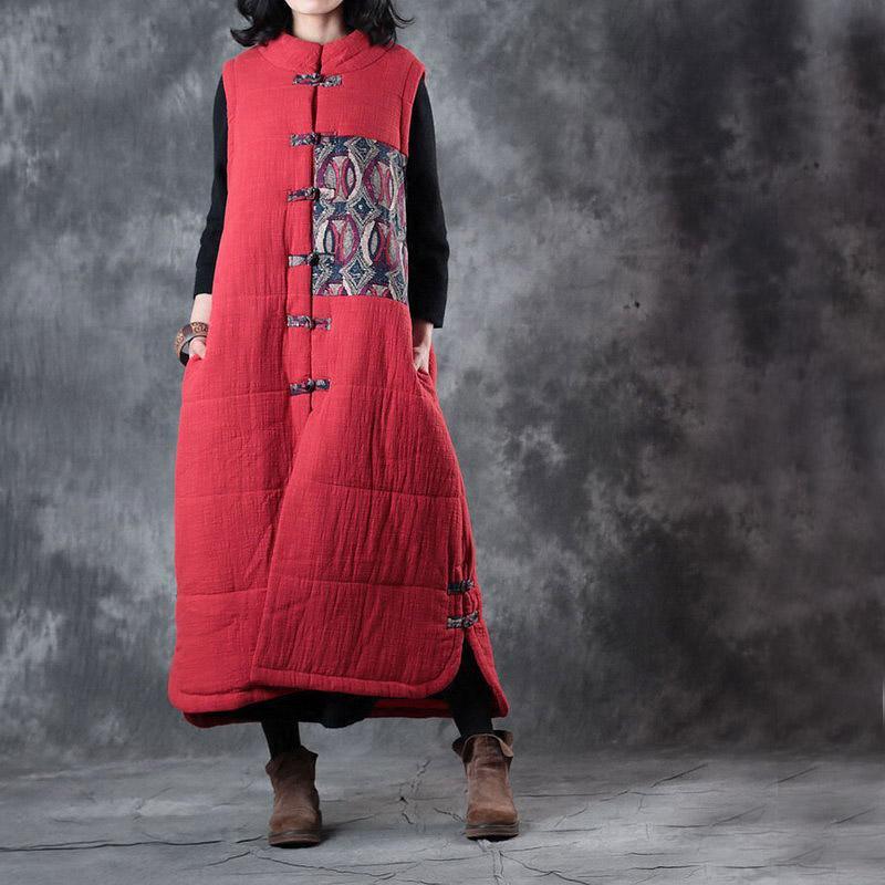 New red down overcoat oversize Chinese Button Parka thick pockets Sleeveless cotton outwear - Omychic