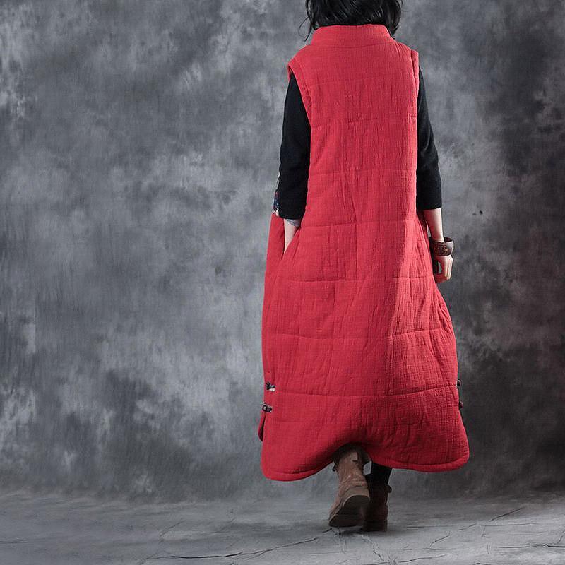 New red down overcoat oversize Chinese Button Parka thick pockets Sleeveless cotton outwear - Omychic