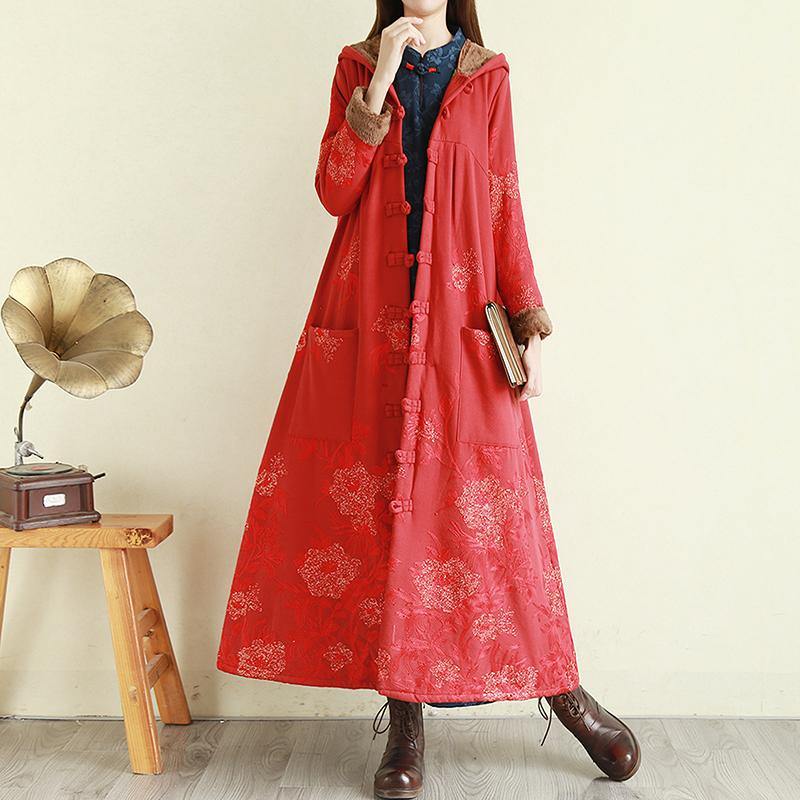 New red embroidery women parka Loose fitting Jackets & Coats winter outwear hooded - Omychic