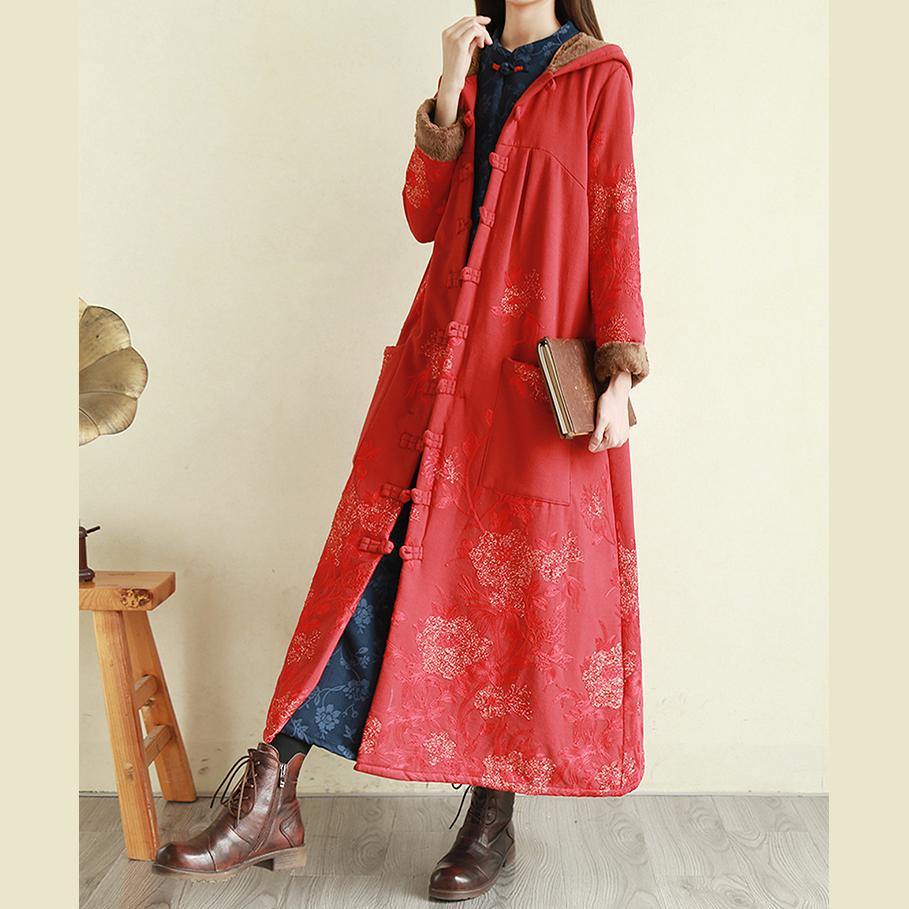 New red embroidery women parka Loose fitting Jackets & Coats winter outwear hooded - Omychic