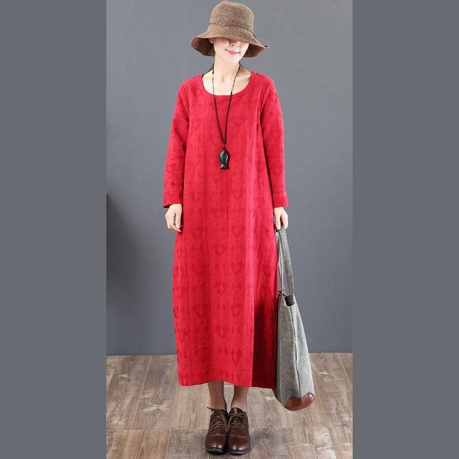 New red fall dress Loose fitting prints cotton gown 2018long sleeve autumn dress - Omychic