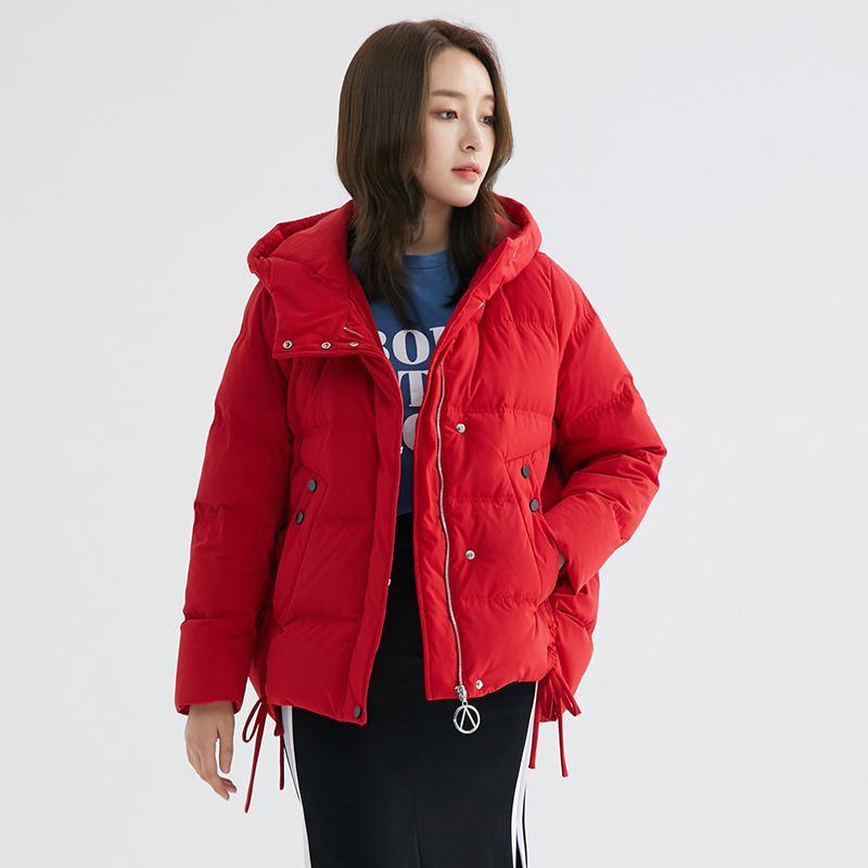 New red goose Down coat Loose fitting side tie snow jackets hooded winter outwear - Omychic