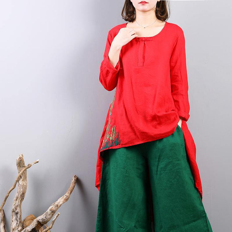 New red linen tops plus size clothing traveling clothing New asymmetric hem embroidery cotton clothing - Omychic