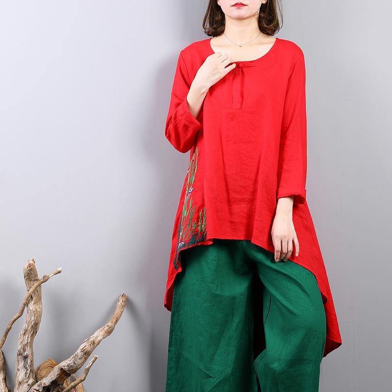 New red linen tops plus size clothing traveling clothing New asymmetric hem embroidery cotton clothing - Omychic