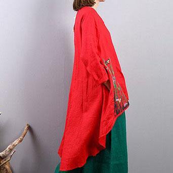 New red linen tops plus size clothing traveling clothing New asymmetric hem embroidery cotton clothing - Omychic