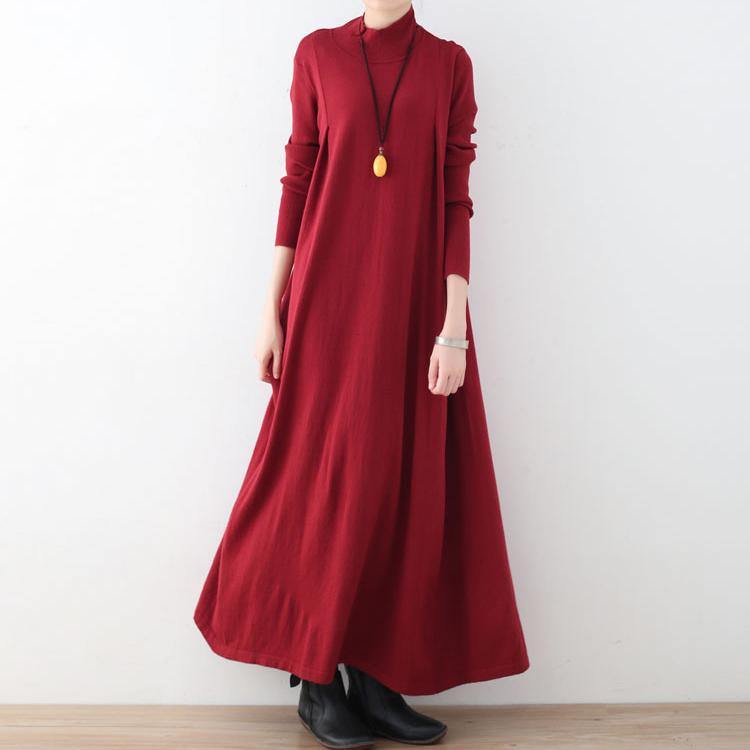 New red long sweaters plus size clothing high neck long knit sweaters women large hem pullover dresses - Omychic