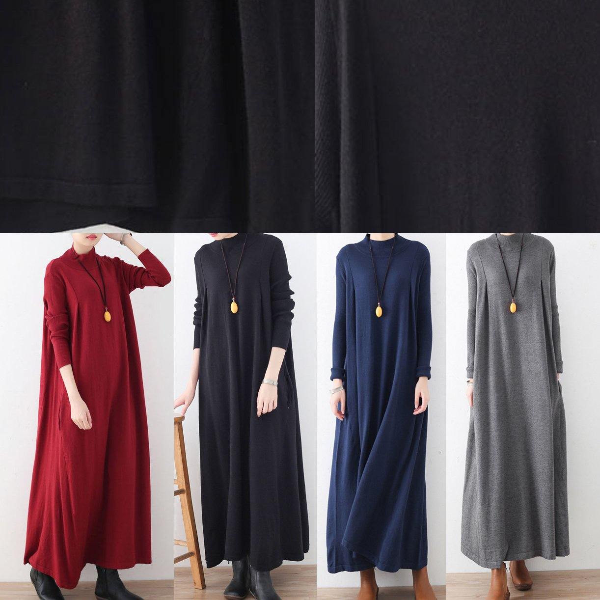 New red long sweaters plus size clothing high neck long knit sweaters women large hem pullover dresses - Omychic