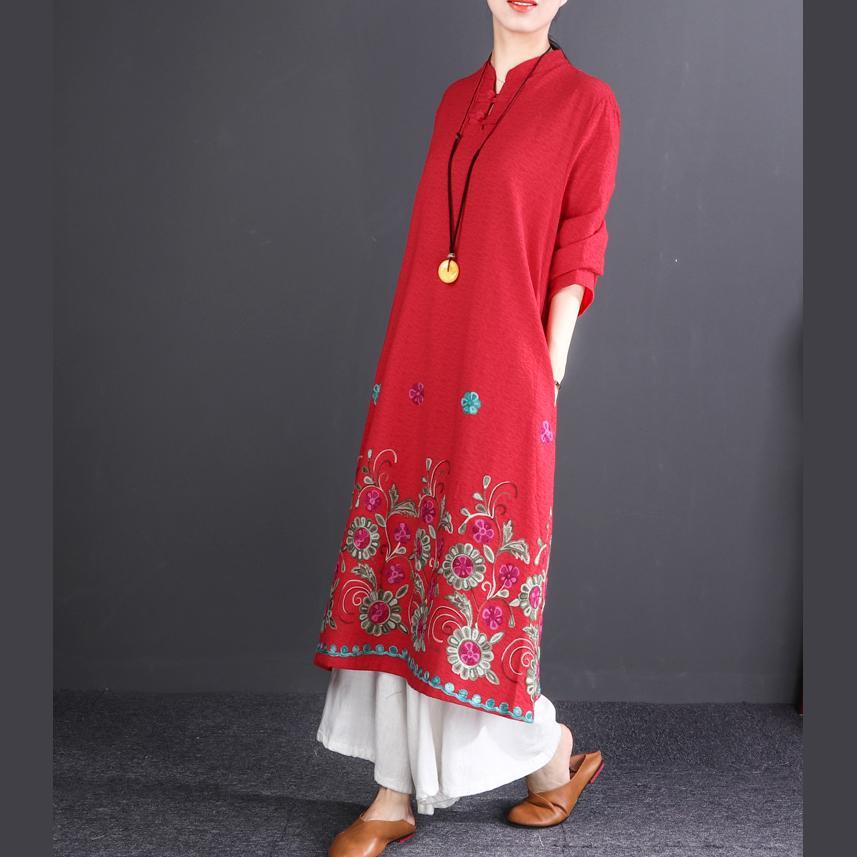 New red print cotton linen caftans plus size Stand baggy dresses gown top quality long sleeve cotton linen long dresses - Omychic