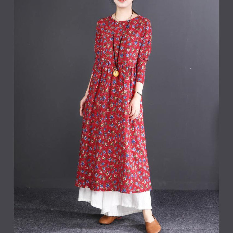 New red print cotton linen maxi dress oversized O neck wrinkled cotton linen gown Fine long sleeve baggy dresses - Omychic