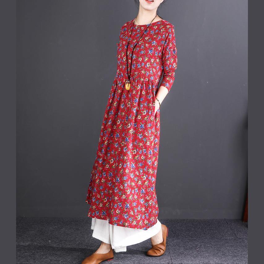 New red print cotton linen maxi dress oversized O neck wrinkled cotton linen gown Fine long sleeve baggy dresses - Omychic