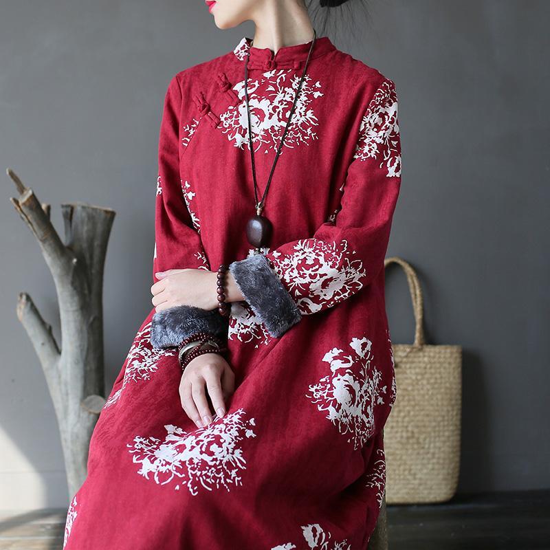 New red print for women oversize stand collar warm winter dress New patchwork winter dresses - Omychic