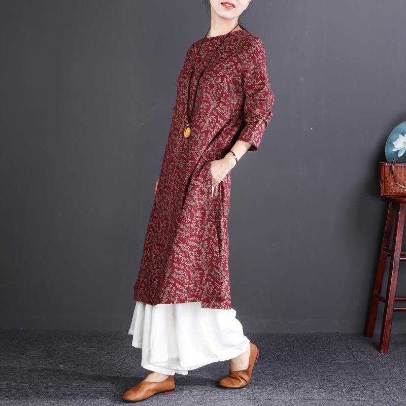 New red print natural cotton dress trendy plus size O neck traveling dress 2018 long sleeve baggy dresses - Omychic