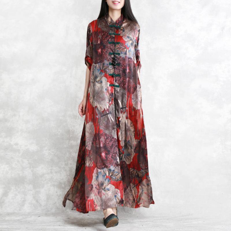 New red prints silk dresses oversized half sleeve shirt silk clothing dresses 2018 side open chiffon maxi dresses - Omychic