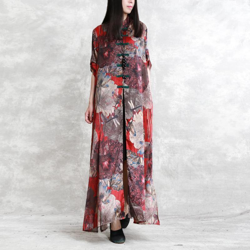 New red prints silk dresses oversized half sleeve shirt silk clothing dresses 2018 side open chiffon maxi dresses - Omychic