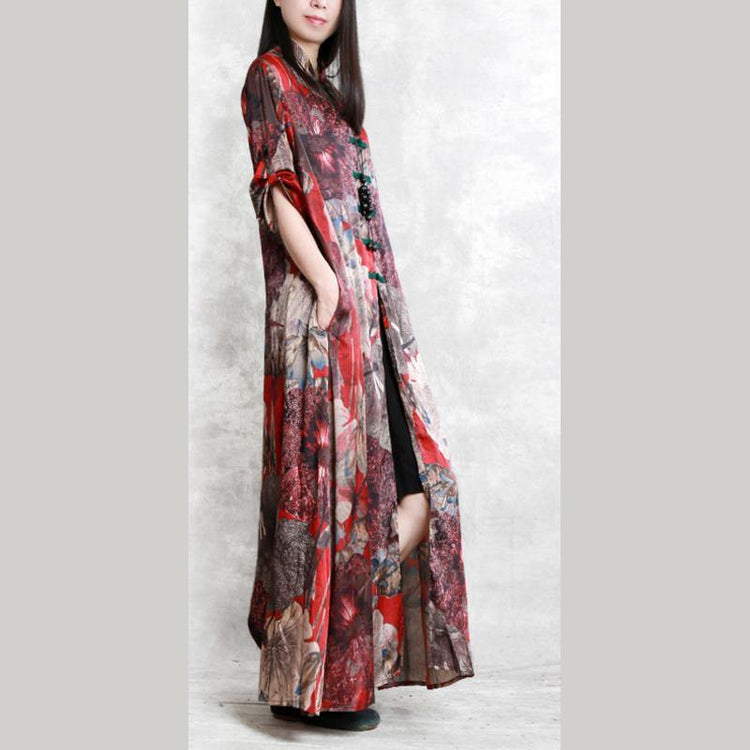 New red prints silk dresses oversized half sleeve shirt silk clothing dresses 2018 side open chiffon maxi dresses - Omychic