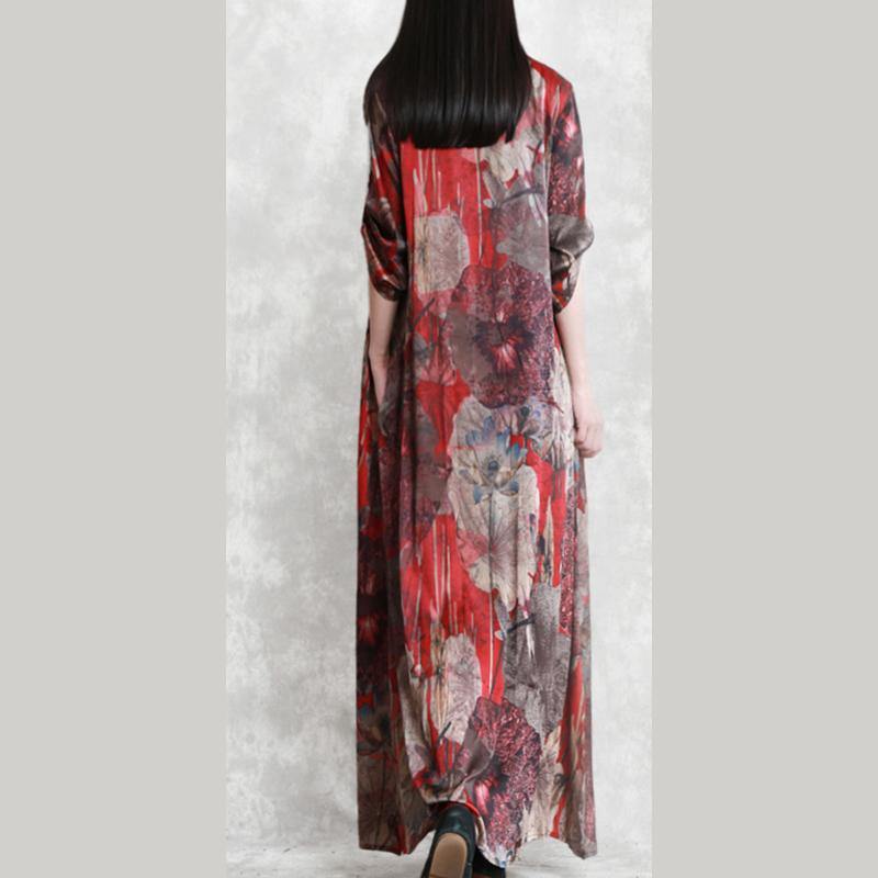 New red prints silk dresses oversized half sleeve shirt silk clothing dresses 2018 side open chiffon maxi dresses - Omychic