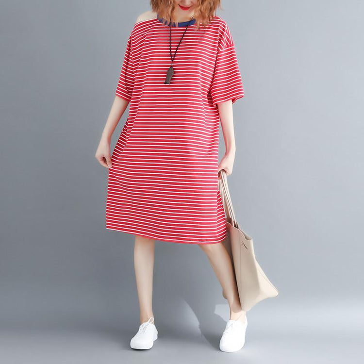 New red striped cotton knee dress oversize cotton clothing dress Fine half sleeve O neck cotton dresses - Omychic