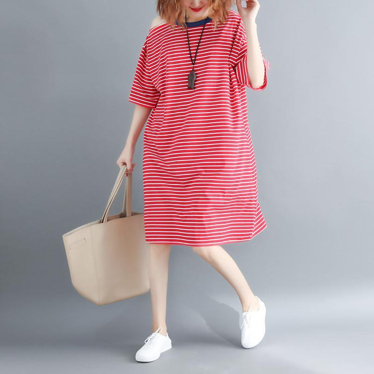 New red striped cotton knee dress oversize cotton clothing dress Fine half sleeve O neck cotton dresses - Omychic