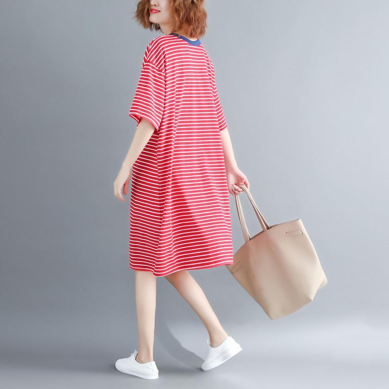 New red striped cotton knee dress oversize cotton clothing dress Fine half sleeve O neck cotton dresses - Omychic