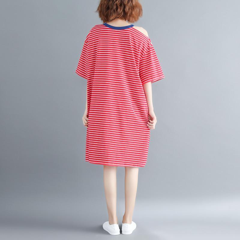 New red striped cotton knee dress oversize cotton clothing dress Fine half sleeve O neck cotton dresses - Omychic