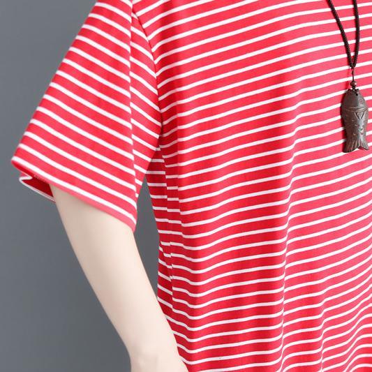 New red striped cotton knee dress oversize cotton clothing dress Fine half sleeve O neck cotton dresses - Omychic