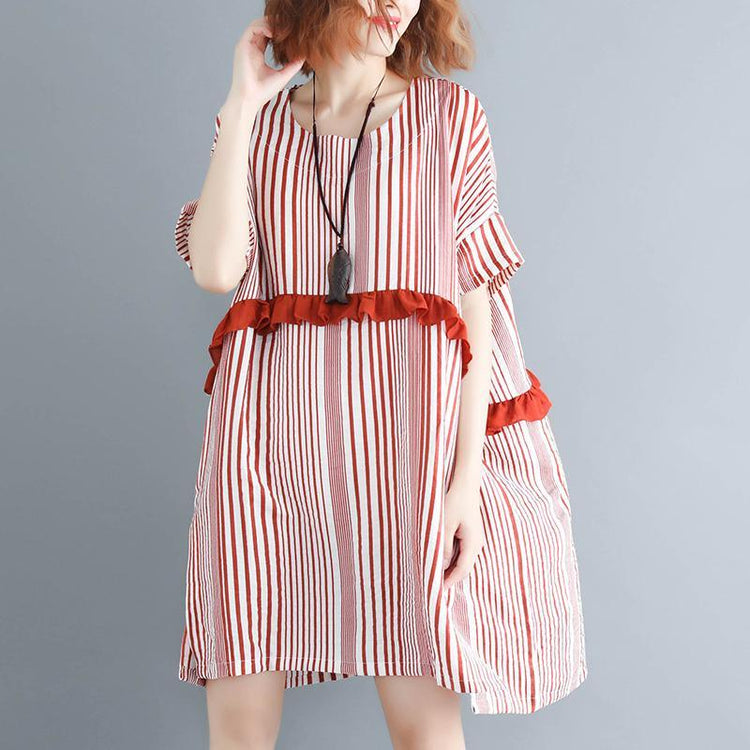 New red striped natural cotton linen dress trendy plus size linen cotton dress casual short sleeve patchwork o neck baggy dresses cotton linen dresses - Omychic