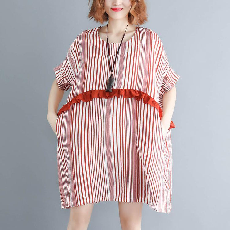 New red striped natural cotton linen dress trendy plus size linen cotton dress casual short sleeve patchwork o neck baggy dresses cotton linen dresses - Omychic